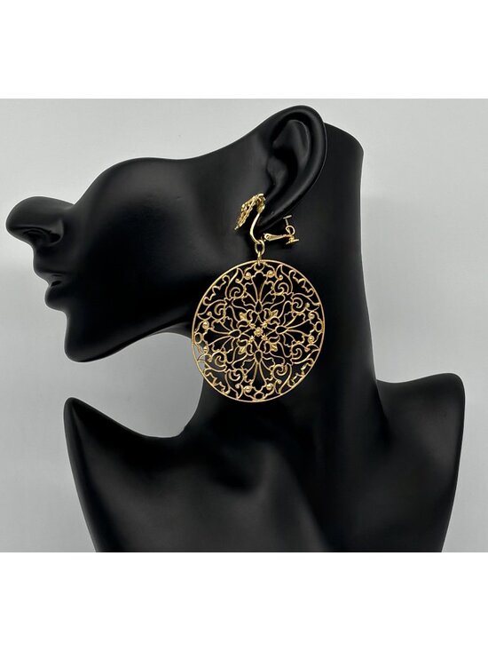 Napier Jewelry - Vintage Napier Earrings Gold-Tone X-Large Round Dangling Discs Filigree Clip-Ons